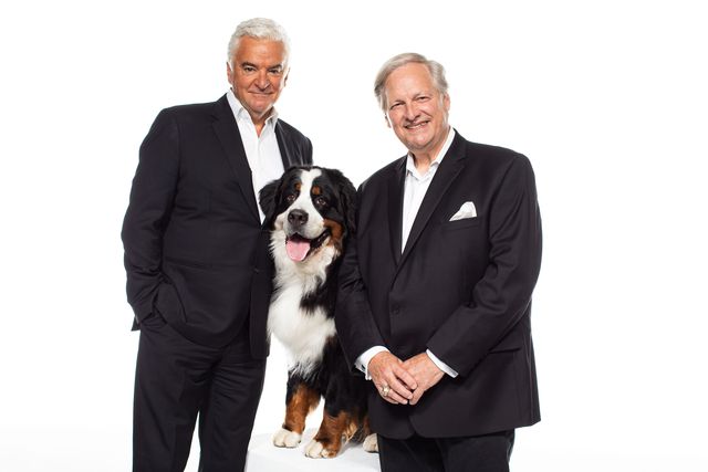 This is a photo of National Dog Show hosts John O'Hurley (left) and David Frei (right), with a Bernese Mountain Dog in between them.